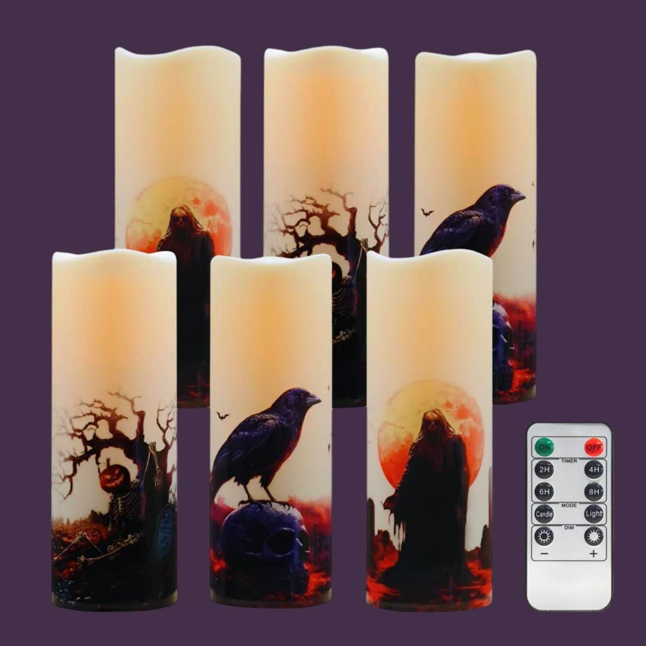 Halloween Flameless LED Candles, Set of 6, Gothic Design with Remote Control, 6 in x 2.15 in, 2AA Battery Operated 400+ Hours, T