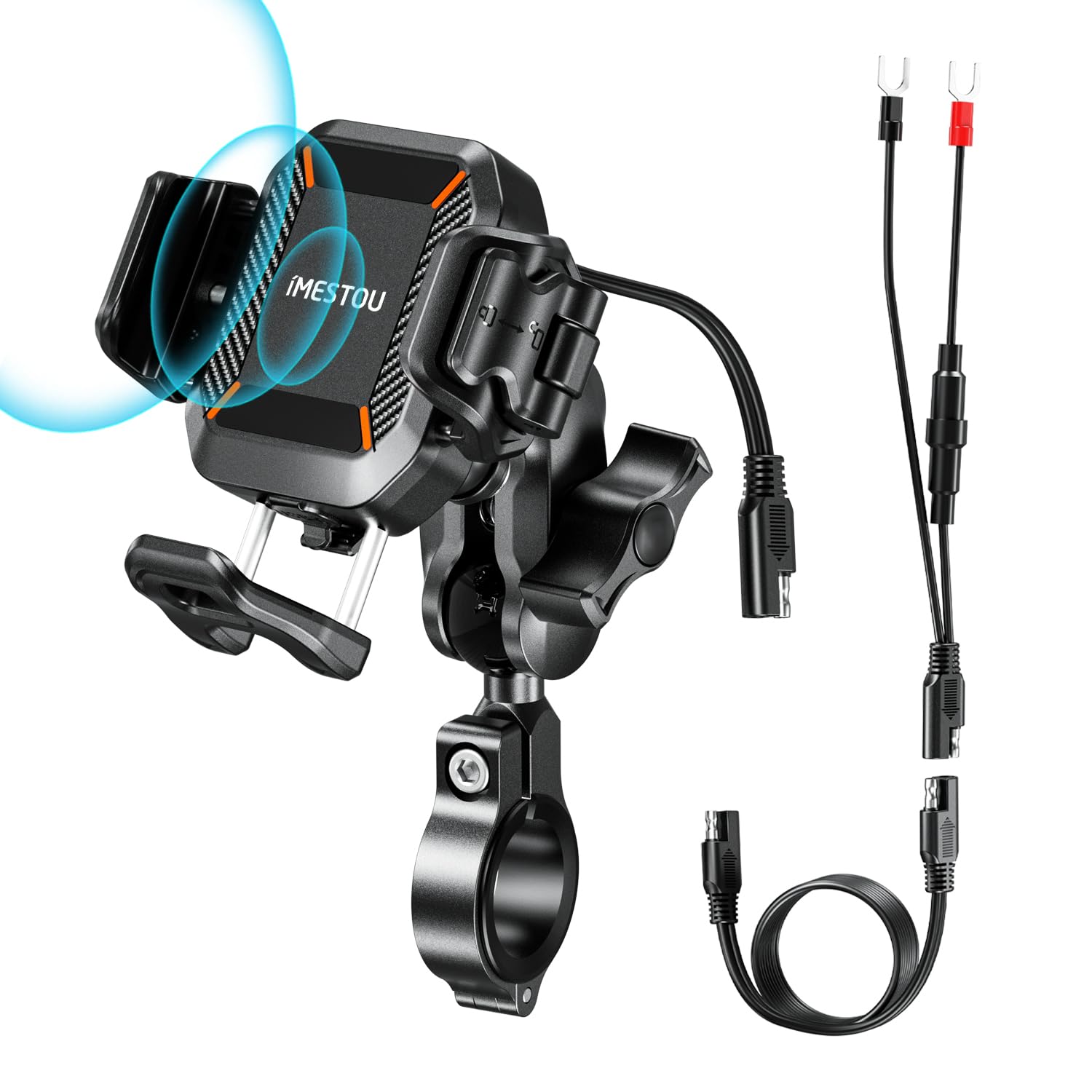 iMESTOU Motorcycle Wireless USB C Phone Mount Anti-Vibration, Anti-Theft 1 Ball Qi Phone Mount Suitable for 5.2-7.2 Up to 15mm T