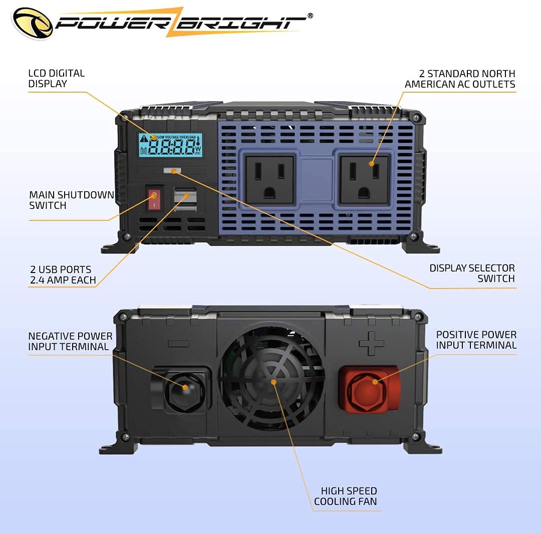 Powerbright 2000 Watt 12V Power Inverter Dual Usb & Ac Outlets, Easy To Install Automotive Portable Power For Power Tools, Campi