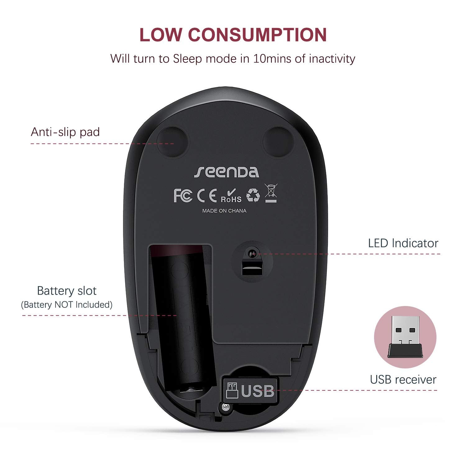 Seenda Wireless Mouse, 2.4G Noiseless Mouse With Usb Receiver Portable Computer Mice For Pc, Tablet, Laptop   Red&Black