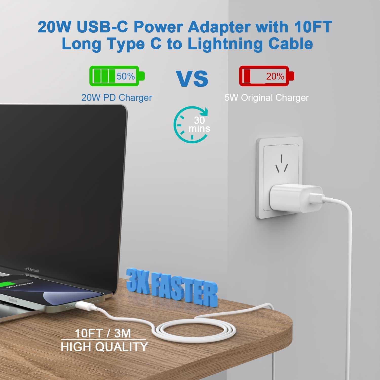 Yeptech iPhone Charger - 10FT MFi Certified Type C to Lightning Cable with 20W USB-C Wall Charger - White - Model TE2107A