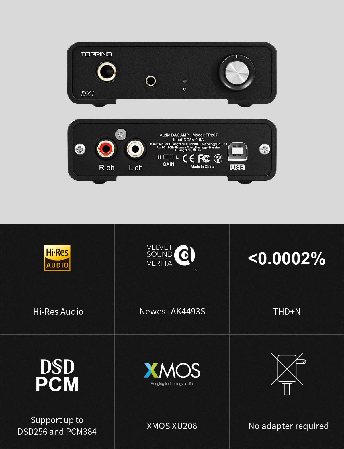 Topping Dx1 Mini Stereo Dac Headphone Amplifier Combo   280Mw X2 Powerful Output Two Stage Gain Switch Usb Chargable Discrete Lnrd Ak4493S Xu208 384Khz/32Bit Native Dsd256 Hifi Home Audio (Sliver)
