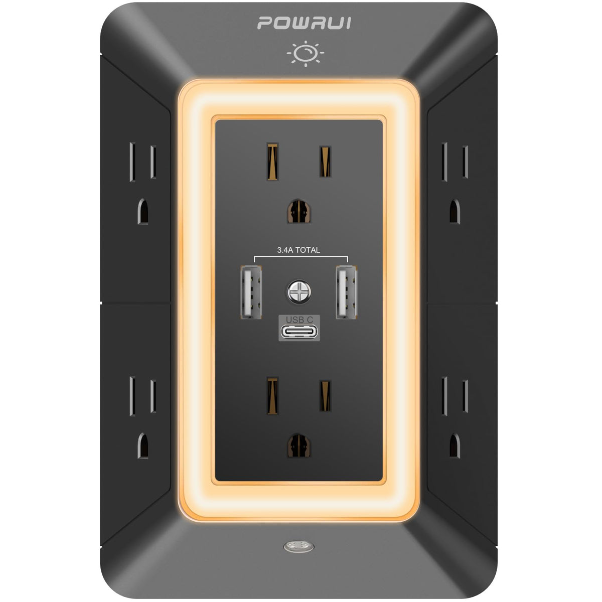 Outlet Extender Usb Wall Charger   Powrui 6 Ac Surge Protector Outlets With 3 Usb Ports (1 Usb C) And Night Light, 3 Sided Multi