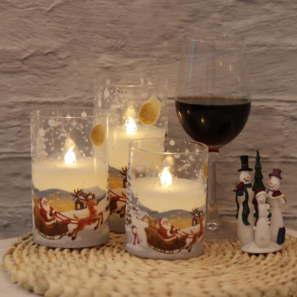 Wondise Santa Claus Glass Flameless Candles Remote And Timer, Battery Operated Real Wax Led Flickering Pillar Candles White Cold