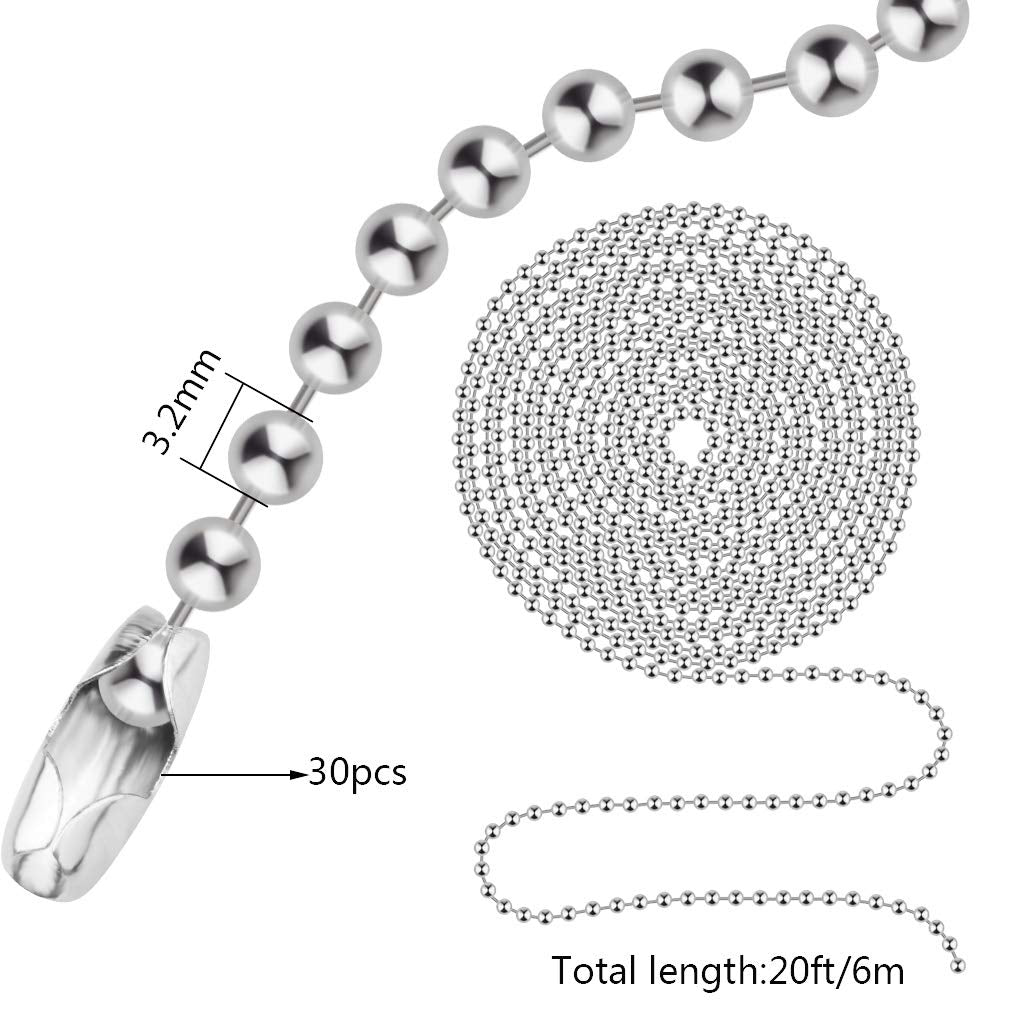 Beaded Pull Chain Extension With Connector, 20 Feet Beaded Roller Chain With 30 Connectors For Ceiling Fan Light Lamp (3.2Mm, Si