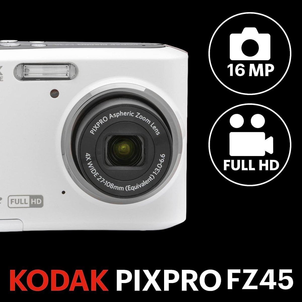 Kodak Pixpro Fz45 Friendly Zoom 16Mp Full Hd Digital Camera, White, Bundle With 32Gb Memory Card And Camera Bag
