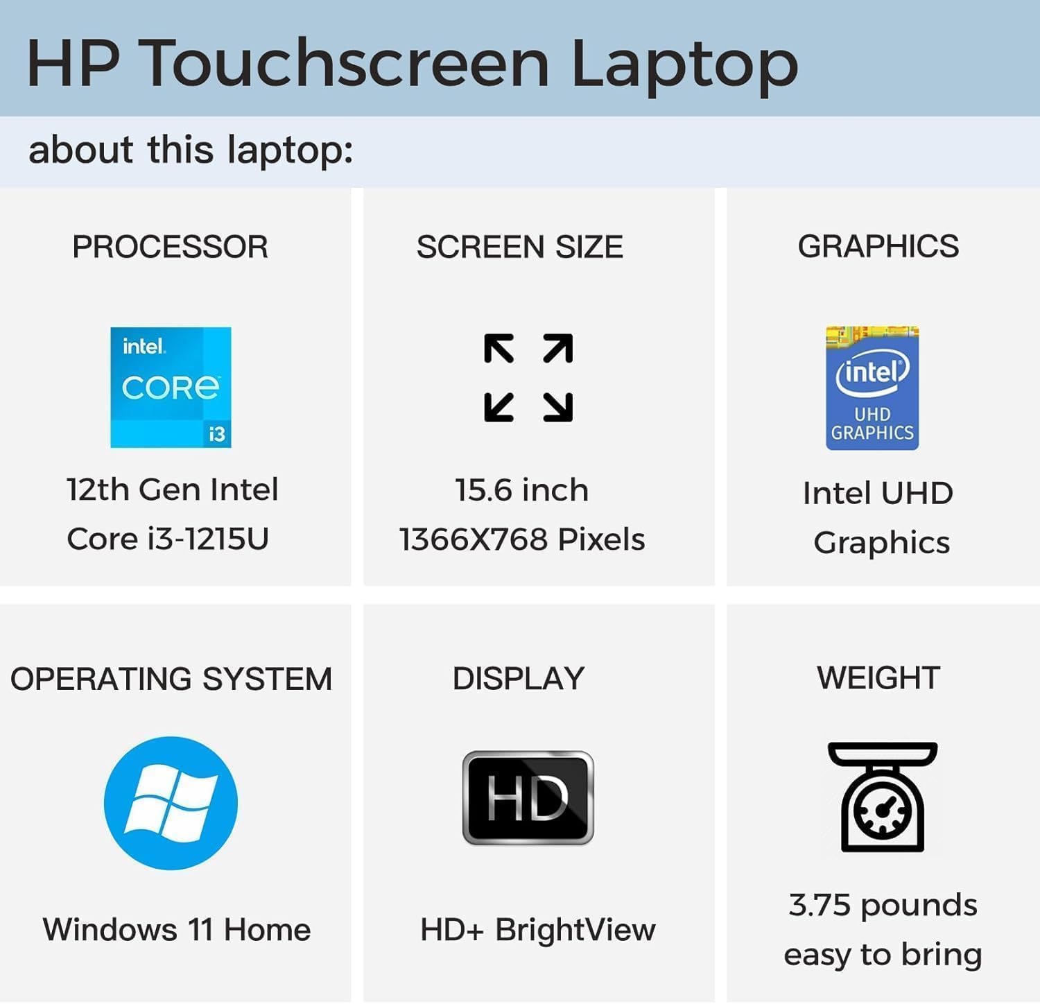 Hp Touchscreen Business Laptop Newest, 15.6'' Hd Touch Display, Intel 6 Cores I3-1215U Beats I5-1135G7, 8Gb Ram, 256Gb Ssd, Long