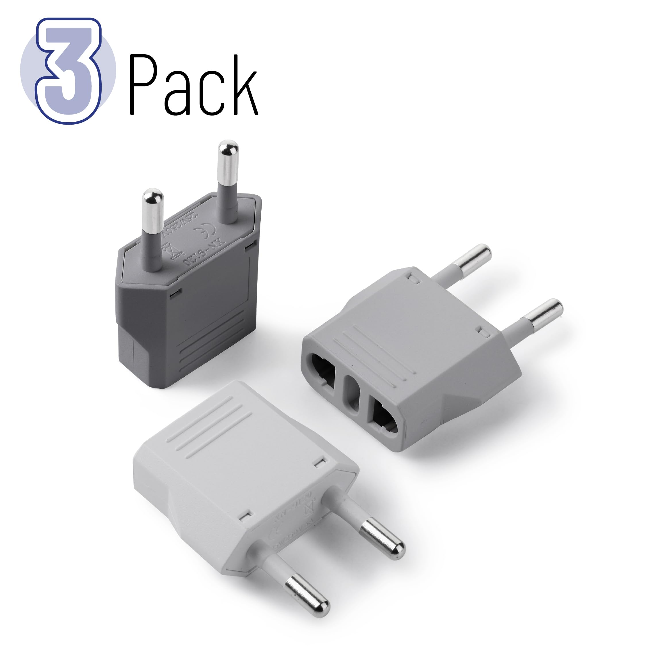 Bates  European Travel Plug Adapter, 3 Pack, Grey Shades, European Plug Adapter, Us To Europe Plug Adapter, Adapter For Europe P
