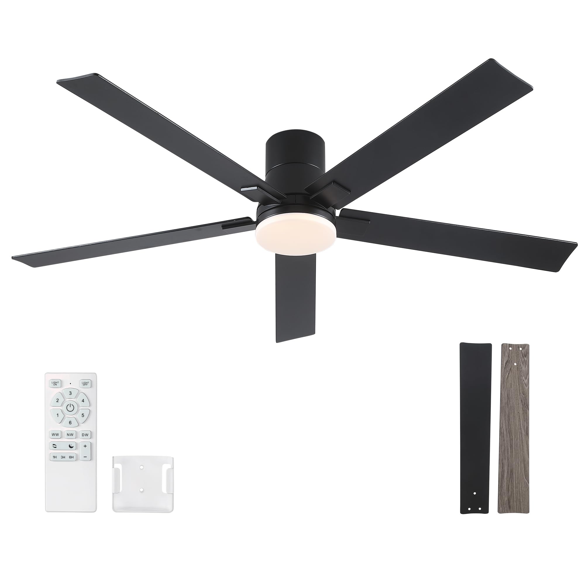 60 Inch Ceiling Fans With Lights And Remote,Flush Mount Black Ceiling Fan With 5 Blades,6 Speed Reversible Dc Motor,3Cct Dimmabl
