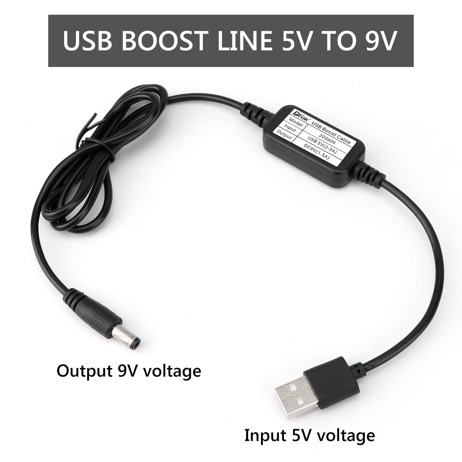 Drok Usb To 9V, 5V To 9V Usb Boost Converter, Usb Cable Dc 5V Step Up To 9V, 1.5A Power Regulator Line With 5.5Mm Port 1.2 Meter