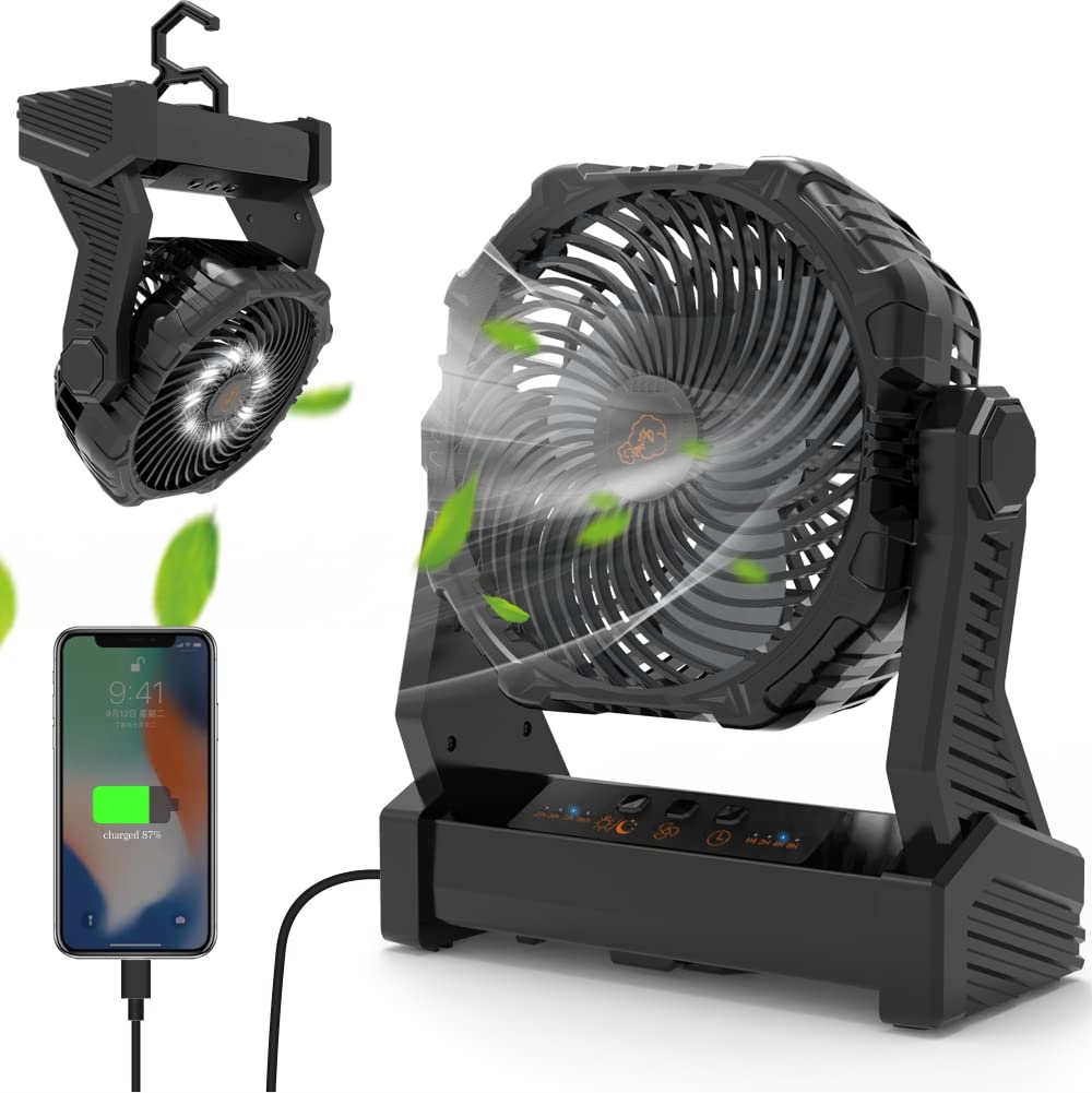 Portable Rechargeable Fan With Light, 10000Mah Battery Operated Tent Fan With Light & Hook, 270 Pivot, 3 Speeds, Personal Usb Ta