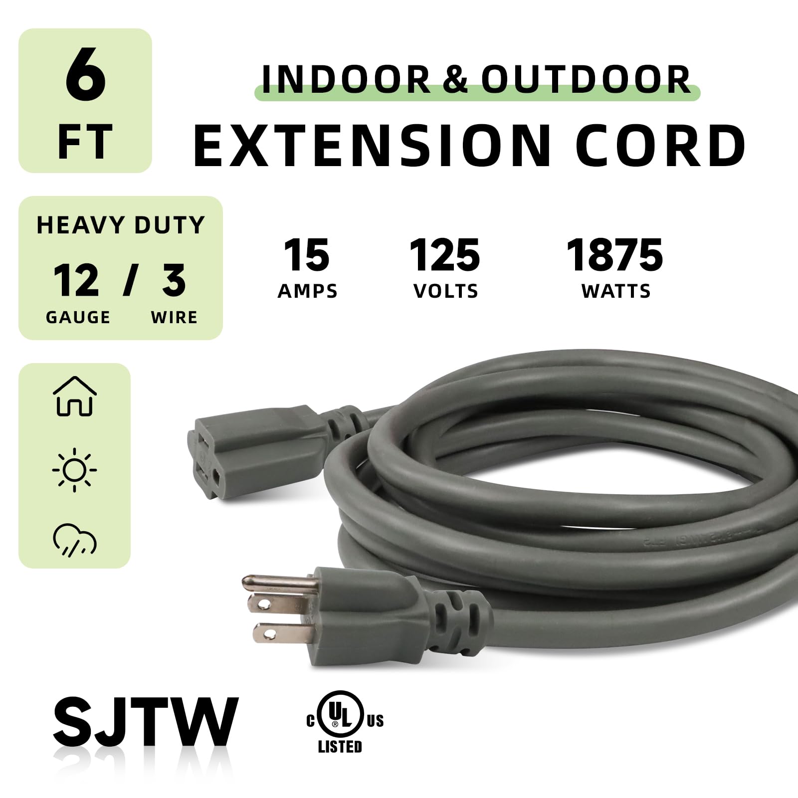 Ep 6 Ft Outdoor Extension Cord, 12/3 Sjtw Heavy Duty Extension Cable With 3 Prong Grounded Plug, 15 Amp Power Cord For Lawn, Gar