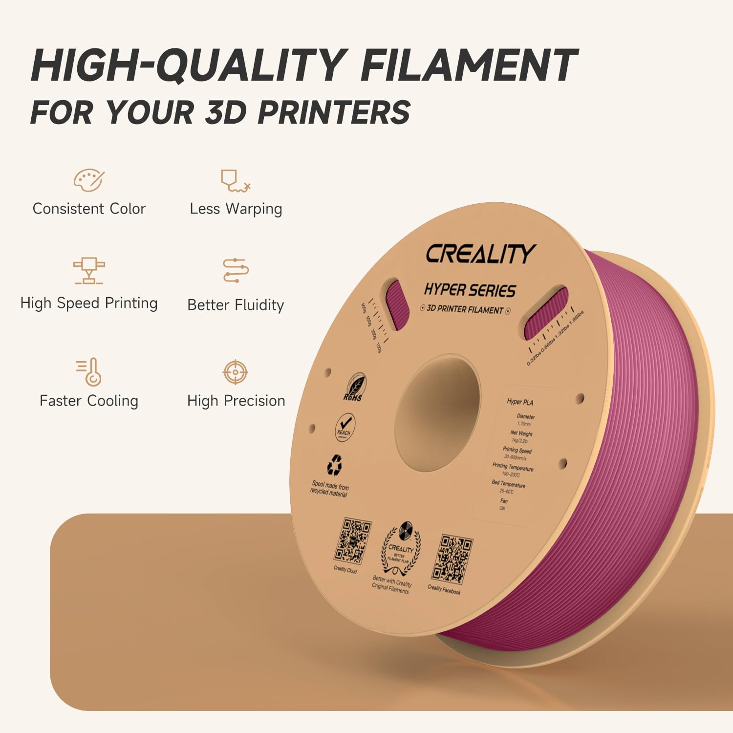 Official Creality Hyper Pla Filament 1.75Mm, High Speed Pla 30 600Mm/S 3D Printer Filament, Dimensional Accuracy +/ 0.02Mm, Fit