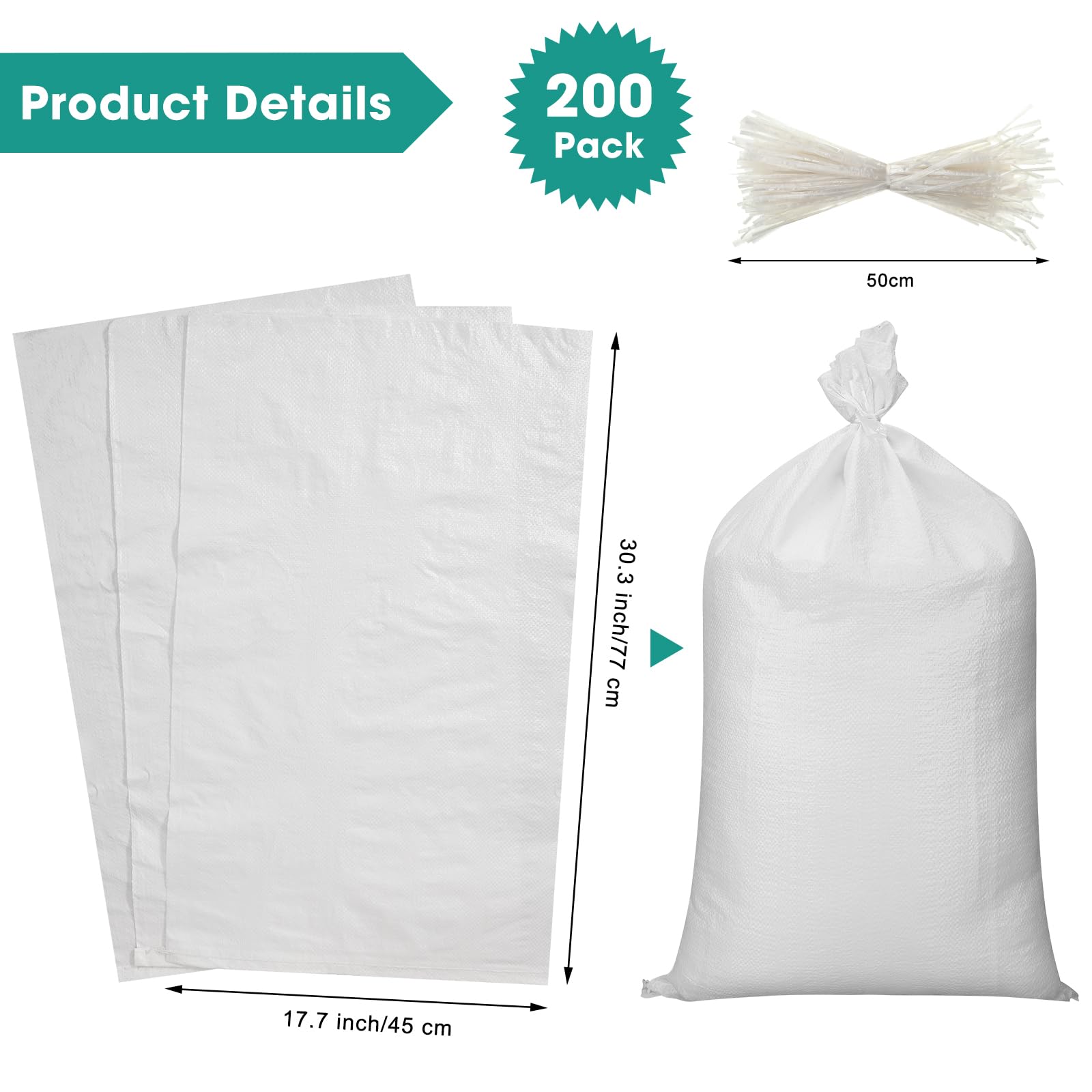 Windyun 200 Pcs White Empty Sandbags With Ties 18 X 30 Inch White Woven Polypropylene Sandbags Bulk, Heavy Duty Sandbags Flood W