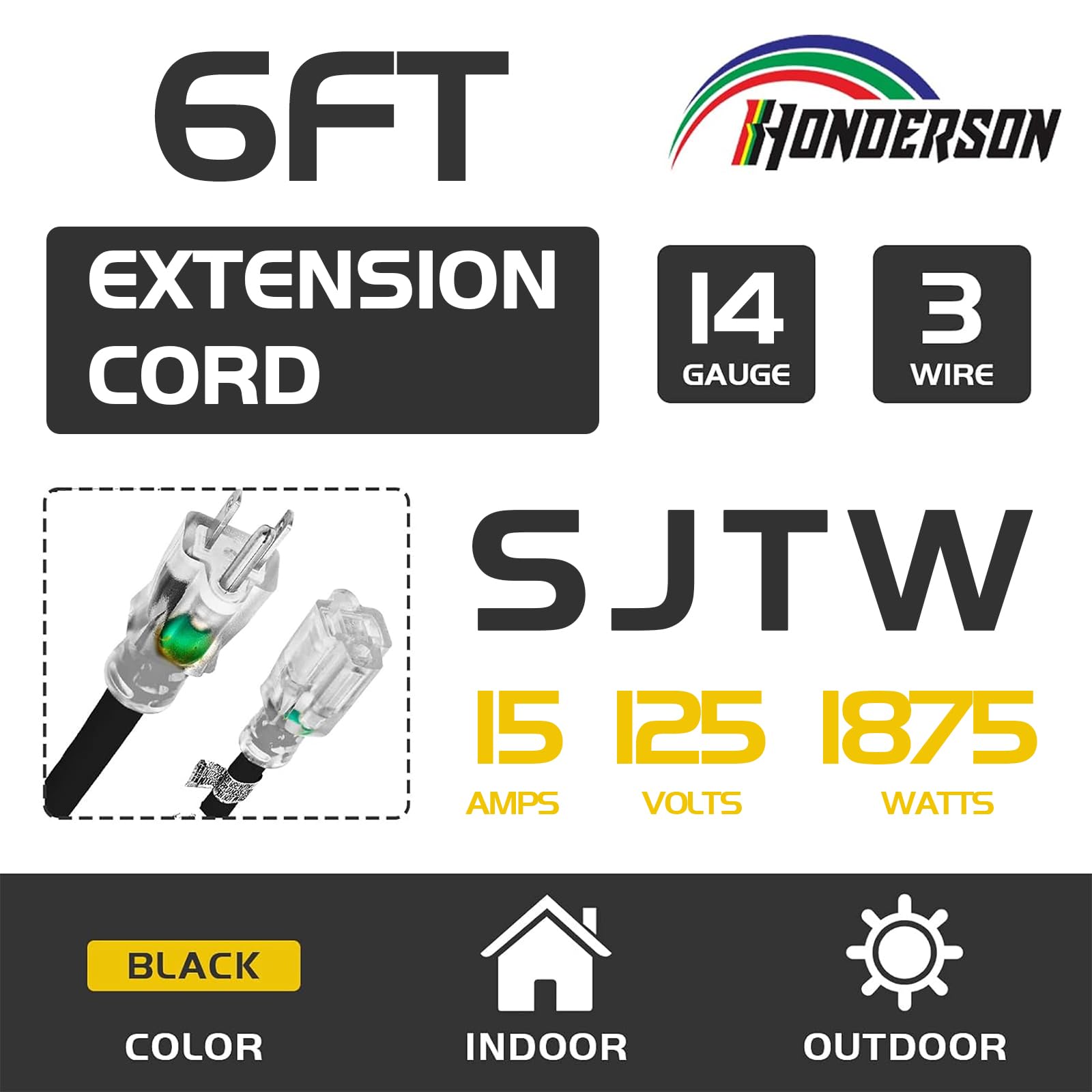 Honderson Indoor Outdoor Extension Cord Weatherproof With Lighted End, Ul Listed, 14 Gauge 6Ft Black 3 Prong Heavy Duty Extensio