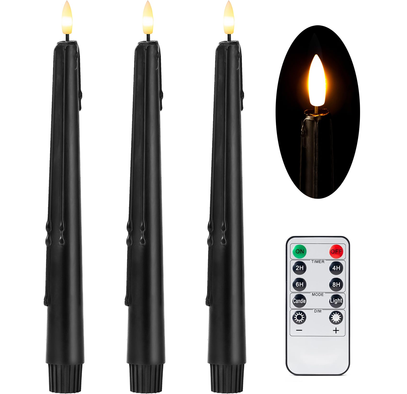 Stmarry Black Flameless Taper Candles With Remote And Timer - 9.65 Inch Real Wax Led Candlesticks - Wax Drip Battery Operated Ha