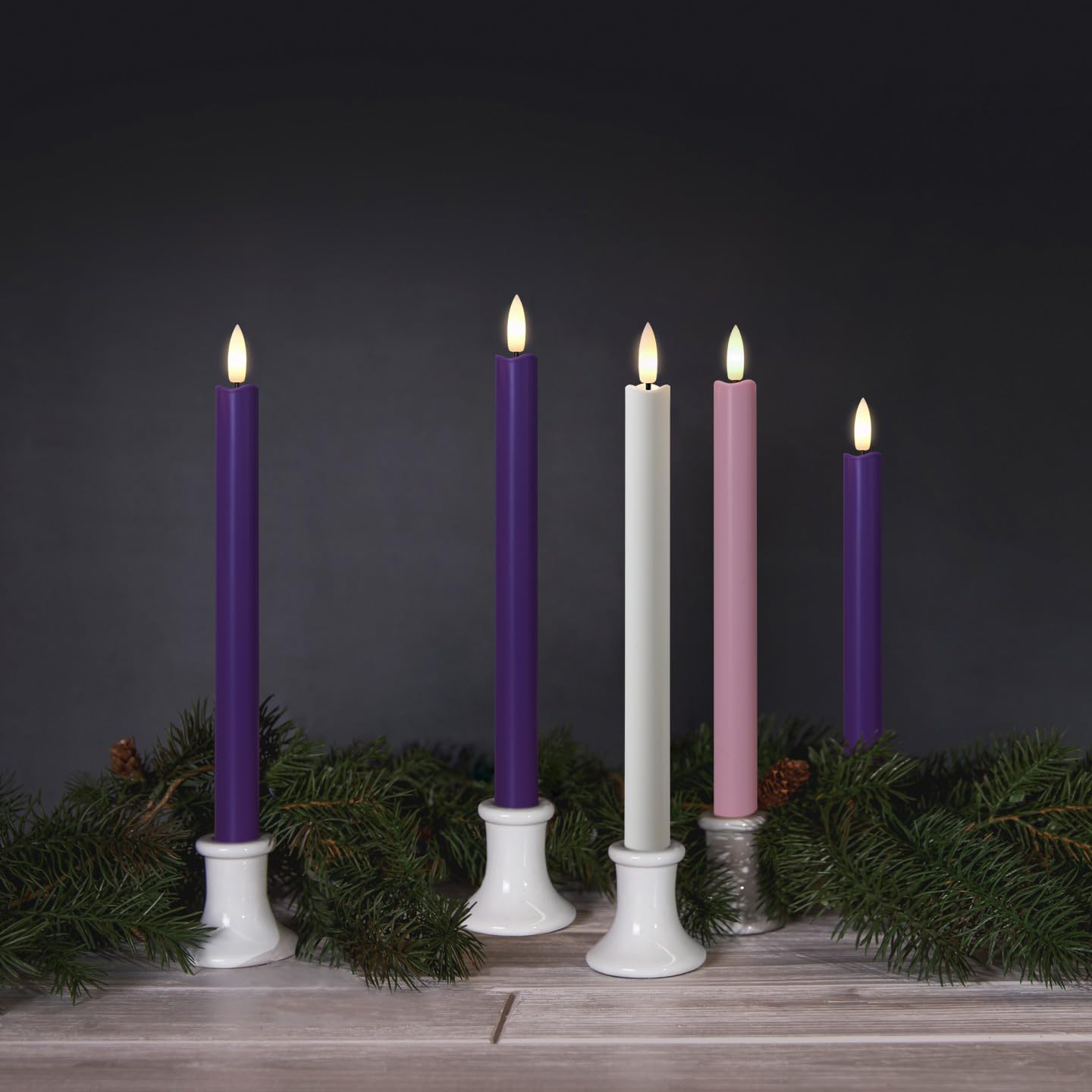 Stmarry Flameless Advent Candles, Set Of 5   Flickering Led Flame, 10 Inch Taper Candlesticks, Remote Controlled   3 Purple, 1 P