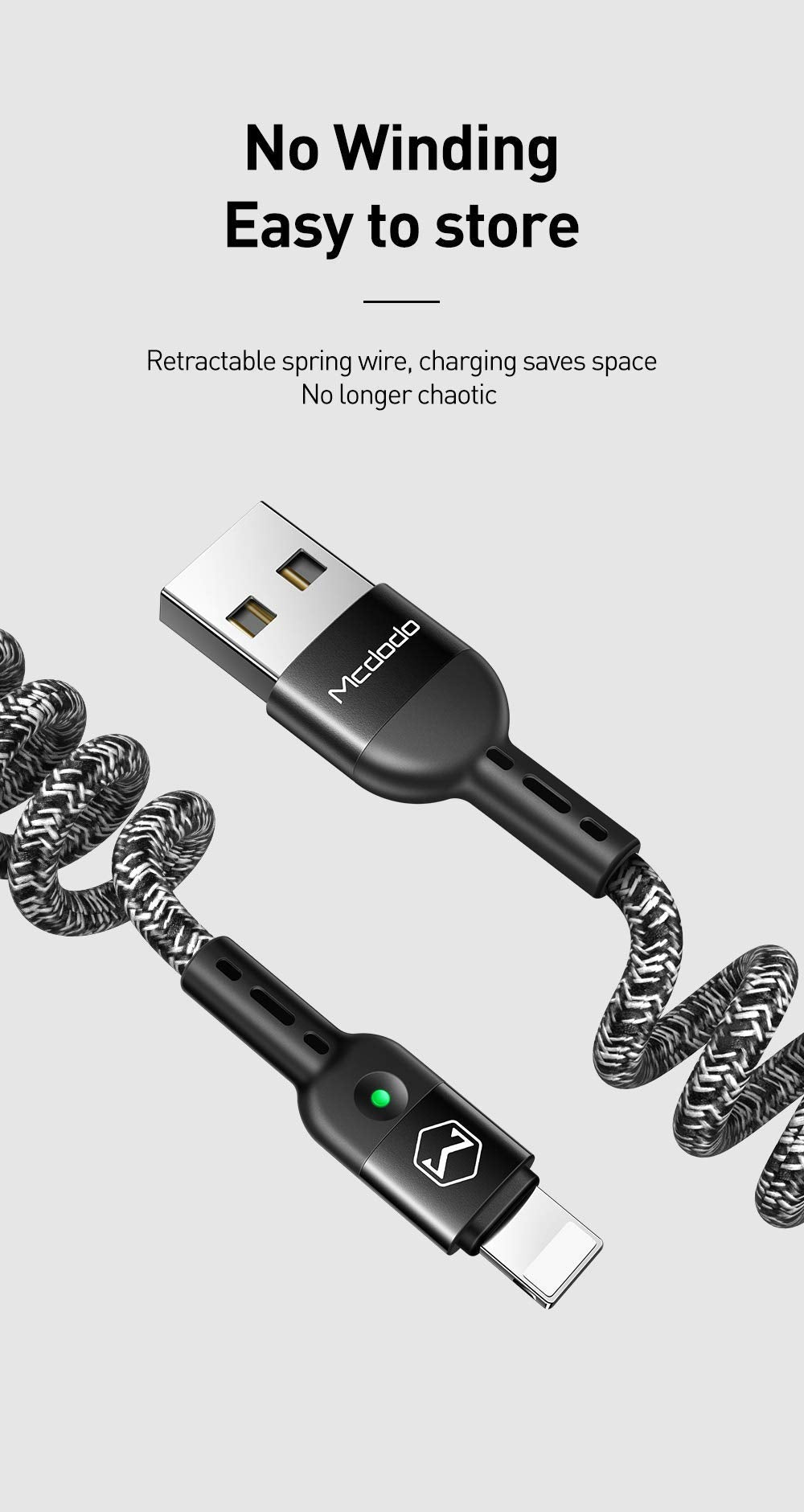 Mcdodo Anti Winding Cable, Led Coiled Cord Nylon Braided Sync Charge Usb Data 6Ft/1.8M Cable Compatible New Phone List Below (Bl
