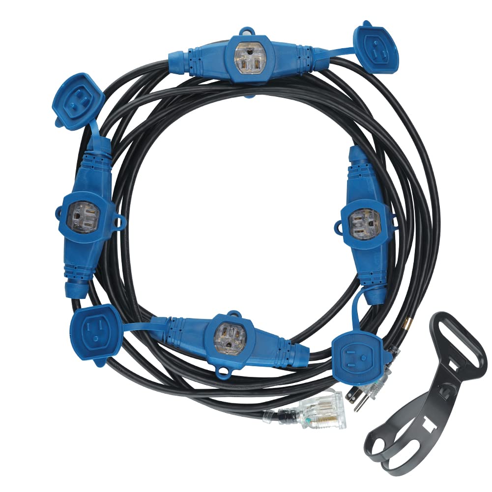 25 Feet Multi Outlet Extension Cord 12 Gauge,5 Nema 5 15R Evenly Spaced Outlets With Blue Indicators,Male Plug To Female Connect