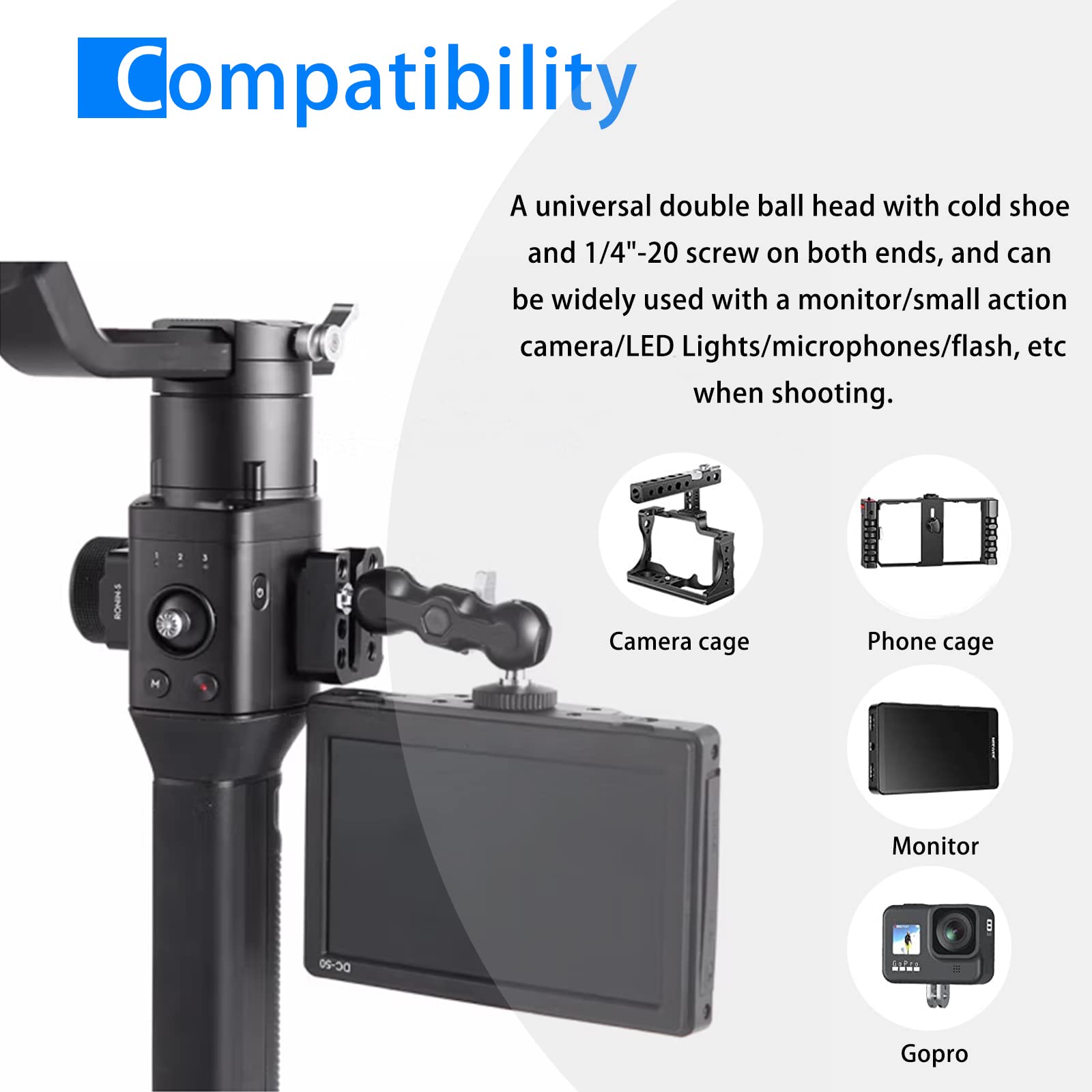 Lanxire Magic Arm Cool Ballhead Multi Function Double Ball Head Adapter For Dslr Cameras, Camcorders, Lcd Monitor, Flash, Led Li