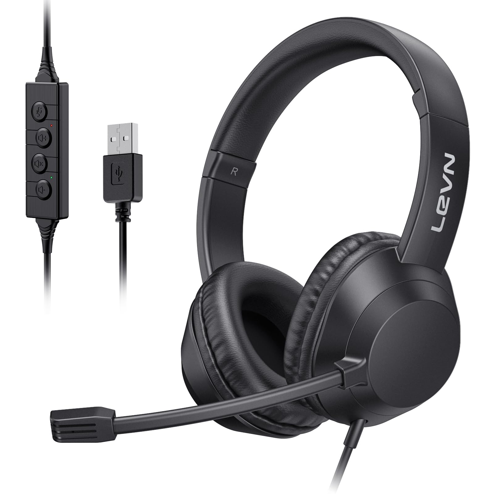 Levn Headset With Mic, Usb Headset With Microphone For Pc, Headphones With Mic For Pc With Noise Canceling Microphone For Laptop, Usb Headphones For Work From Home/Call Center/Open Office, Black
