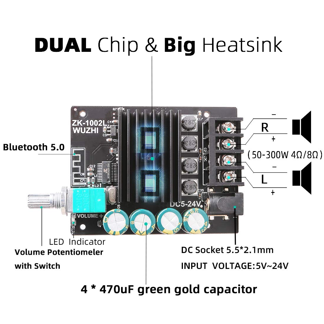 Damgoo Bluetooth Amplifier Board, 100W+100W Peak Output Power, 2.0 Channel Dc:8 24V, Password Free Connect, Bt 5.0 Amp Board For