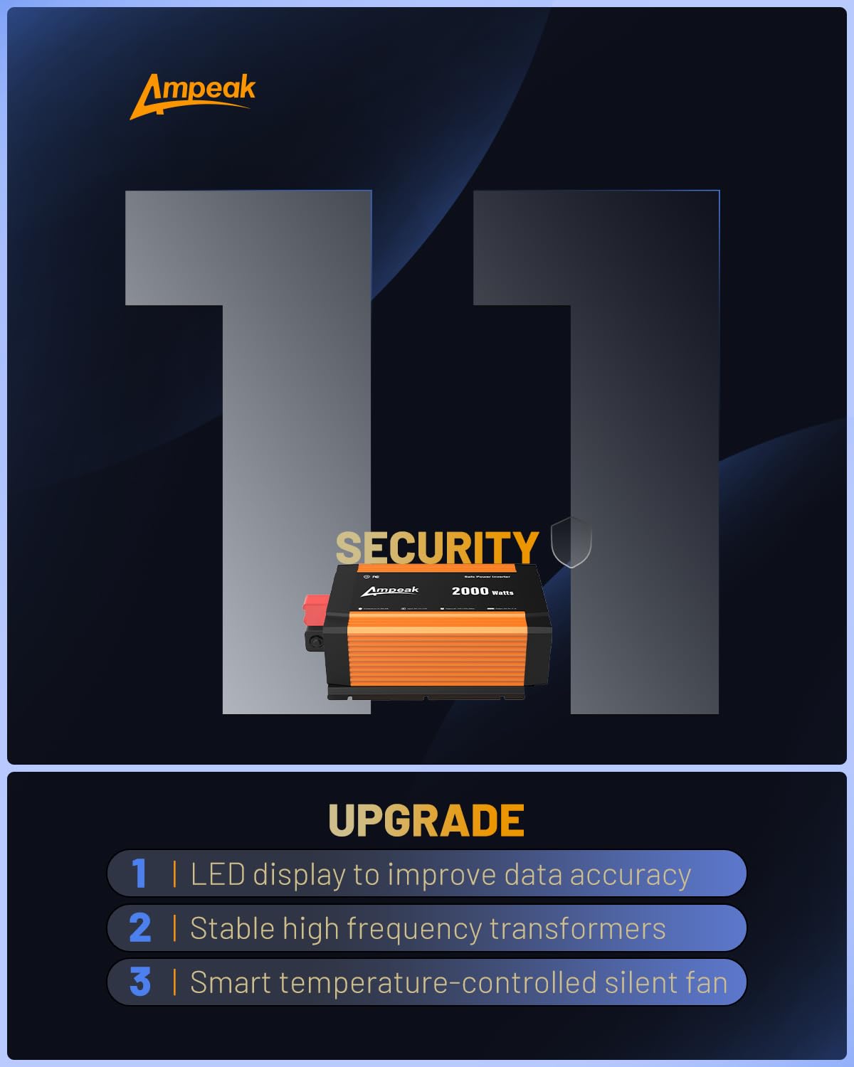 Ampeak 2000W Power Inverter Conversion Efficiency 89.37% Inverter 12V To 110V 3Ac Outlets Dual 5V/3.1A Usb Ports Modified Sine P