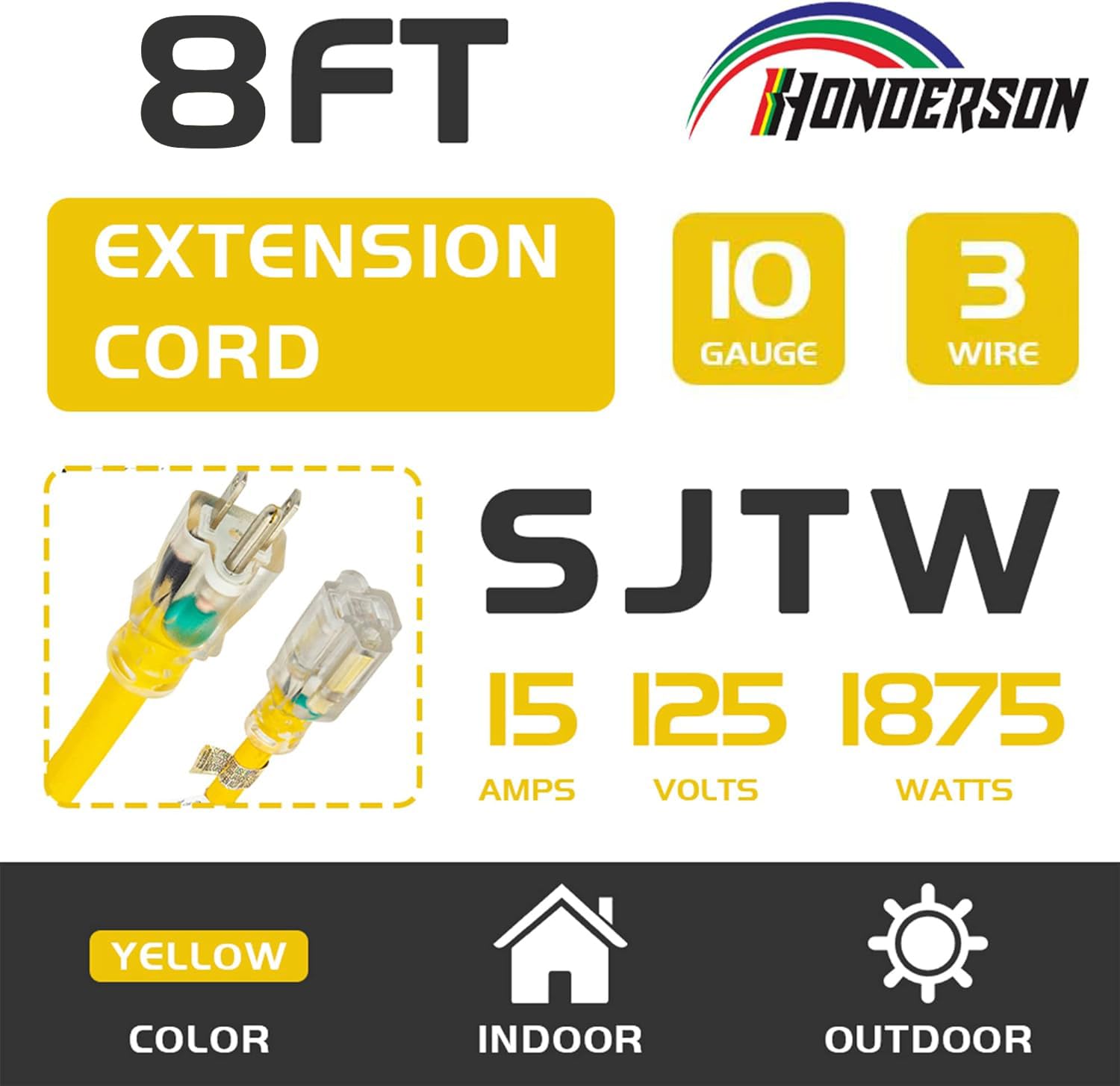 Honderson Indoor Outdoor Extension Cord Weatherproof With Lighted End, Ul Listed, 10 Gauge 8Ft Yellow 3 Prong Heavy Duty Extensi