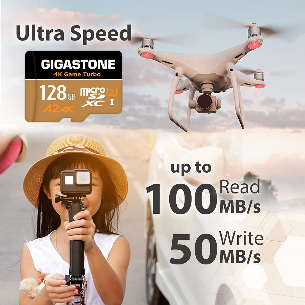 [5 Yrs Free Data Recovery] Gigastone 128GB Micro SD Card, 4K UHD Game Turbo, MicroSDXC Memory Card for Nintendo Switch, Read/Write 100/50 MB/s, DJI, GoPro, Action Camera, A2 V30, UHS I U3, C10
