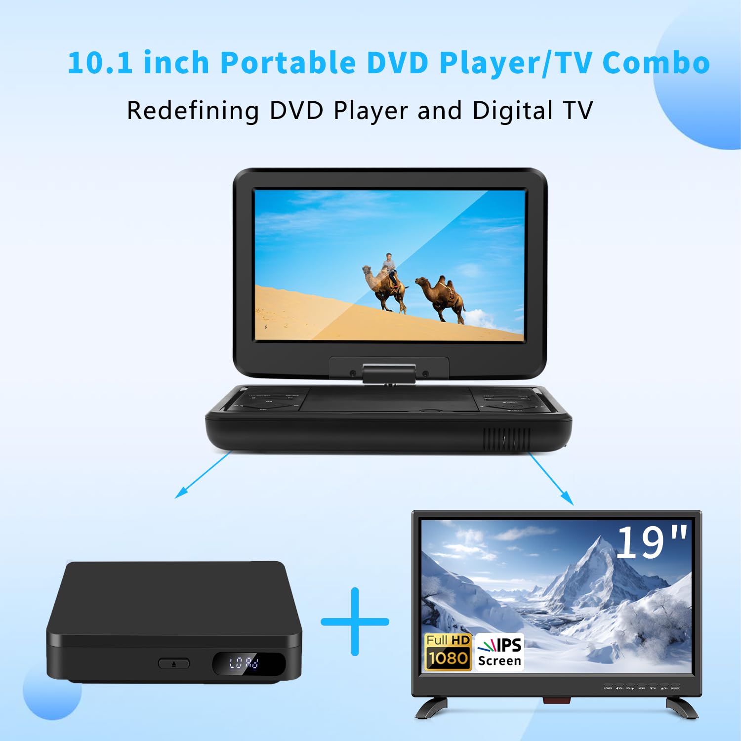 Feihe 12.5'' Portable Tv/Dvd Player   10.1'' Fhd Ips Swivel Led Screen, Digital Tuner/Hdmi/Usb/Av, Built In Battery, High Volume