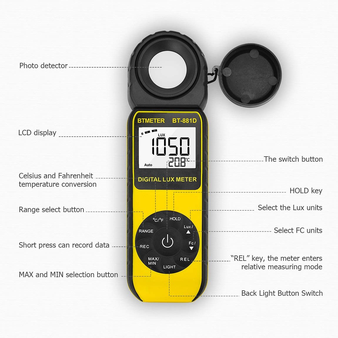 Btmeter Bt 881D Digital Illuminance Light Meter, Measure Lights 0.01~400,000 Lux (0.01~40,000 Fc) Foot Candles Luxmeter With 270