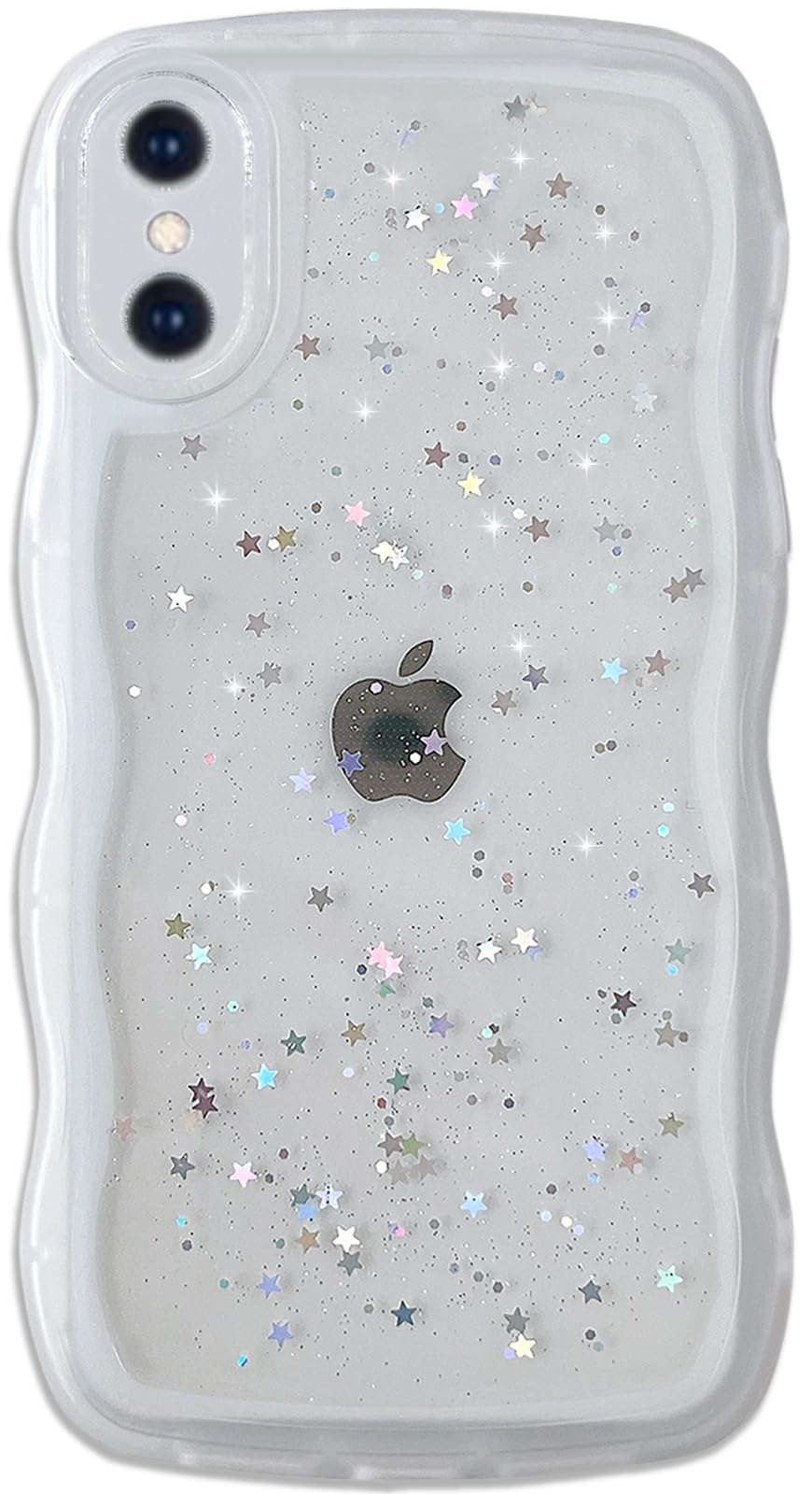 Qokey For Iphone Xs Max Case 6.5'' Curly Wave Edge Design Transparent Bling Glitter Star Shiny Case Cute Clear Transparent Full