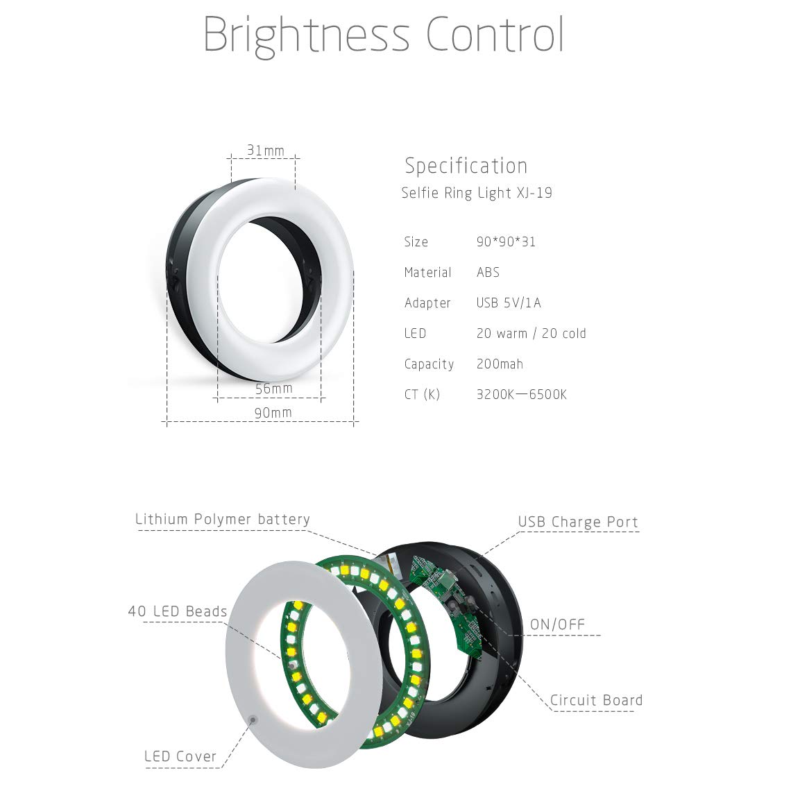 Xinbaohong Selfie Ring Light Rechargeable Portable Clip On Selfie Fill Light With 40 Led For Smart Phone Photography, Camera Vid