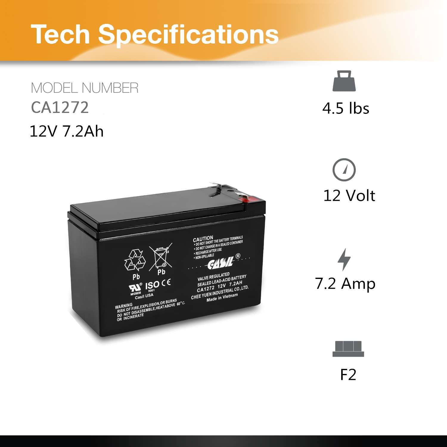 Casil Power Energy Hr12-36W F2 12V 7.2Ah Replacement Battery Ca1272 12V 7.2Ah