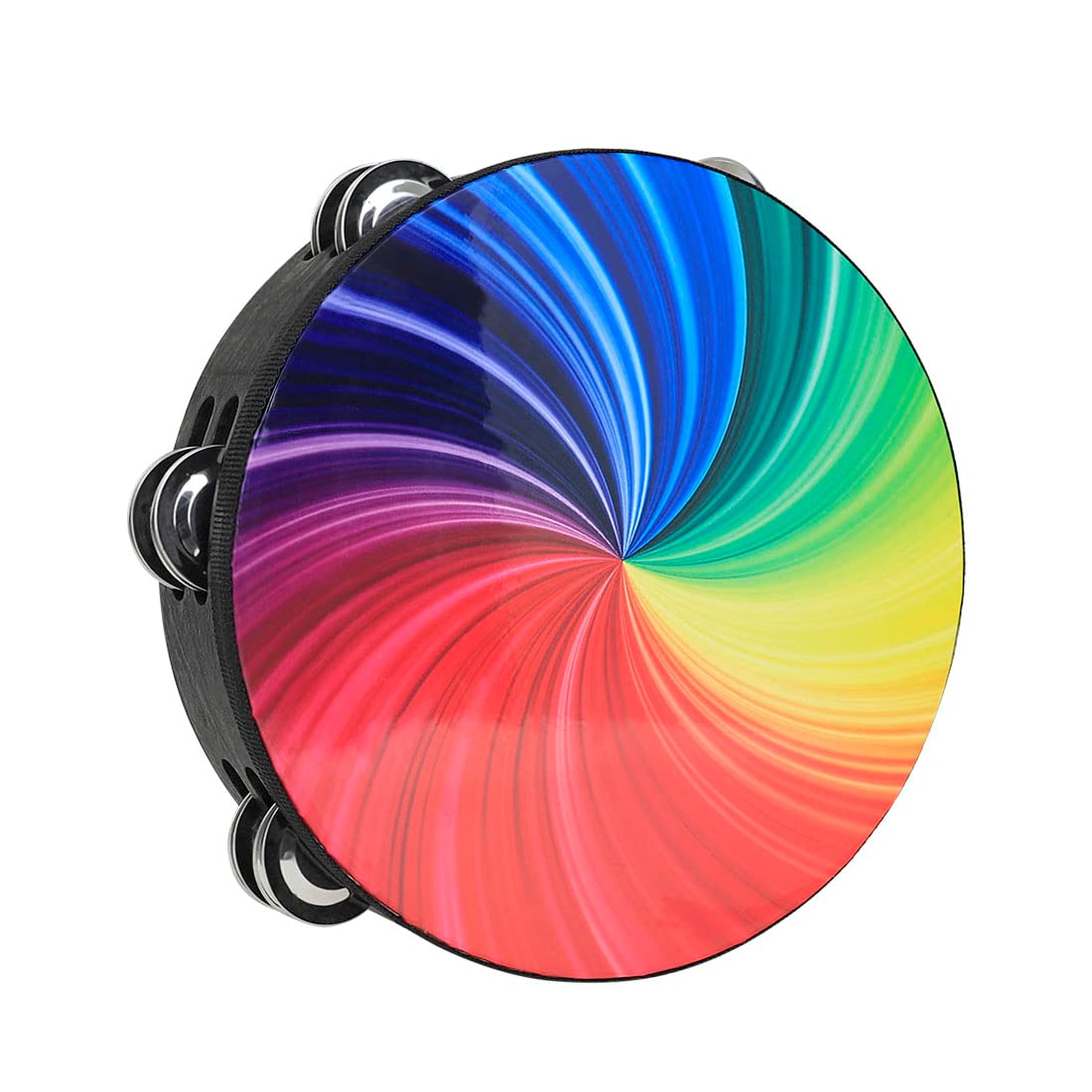 EXCLUZO 8 Inch Rainbow Tambourine Wooden Handbell Early Education Percussion Instrument with Double Row Jingles for Children Boy
