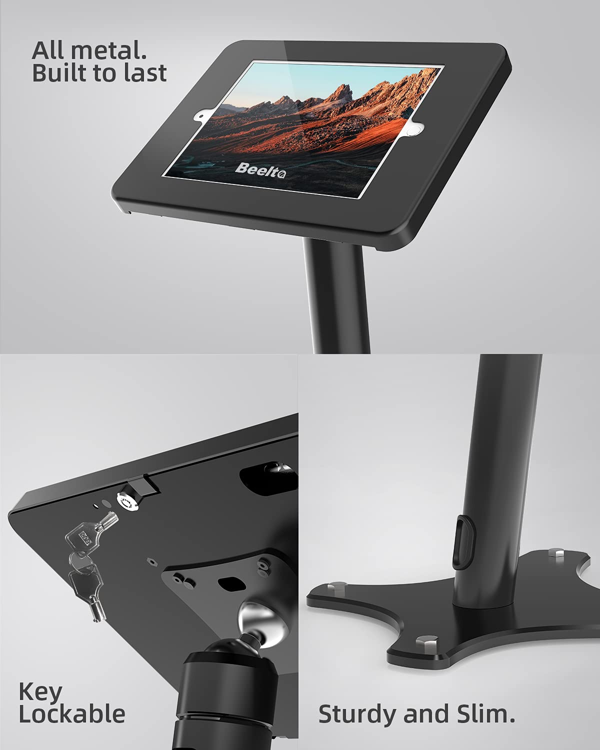 Beelta Tablet Floor Stand   360 Swivel Compatible With 10.2'' Ipad 7 8 9 Gen, Anti Theft, Key Lock, All Metal Floor Kiosk Stand