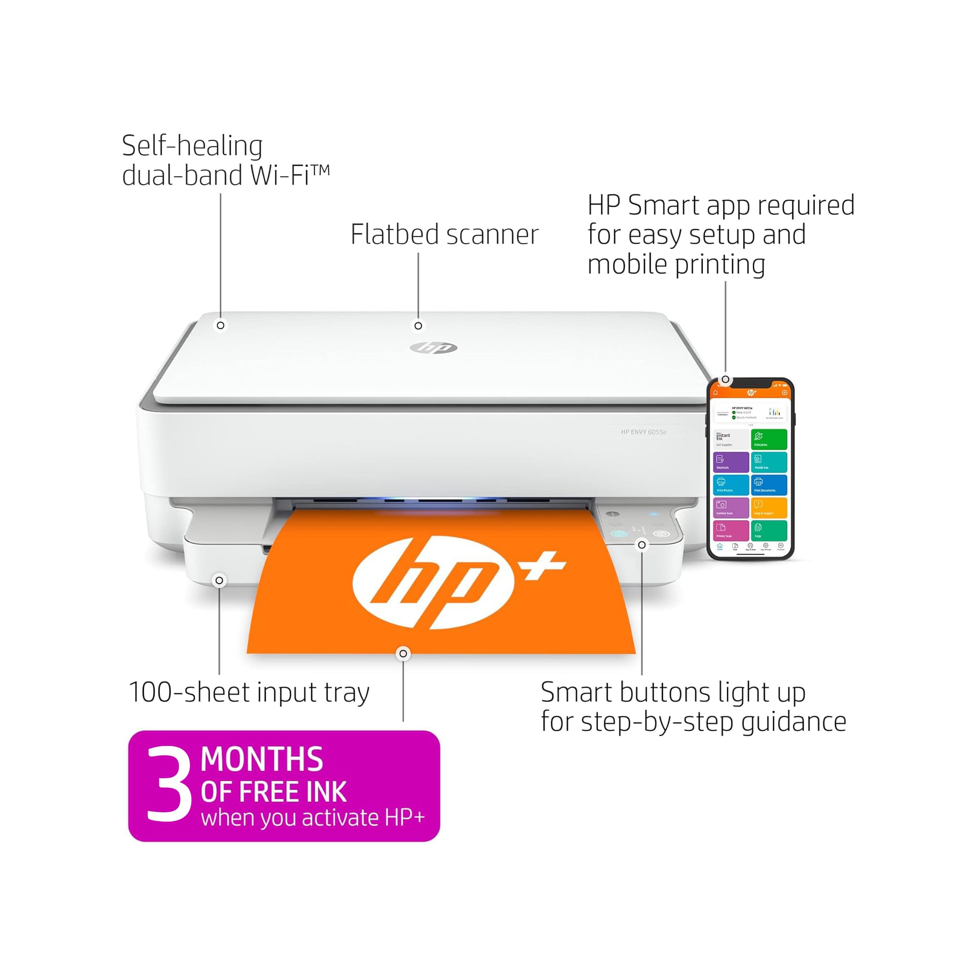Hp Envy 6055E Wireless Color Inkjet Printer, Print, Scan, Copy, Easy Setup, Mobile Printing, Best-For-Home, 3 Months Of Instant