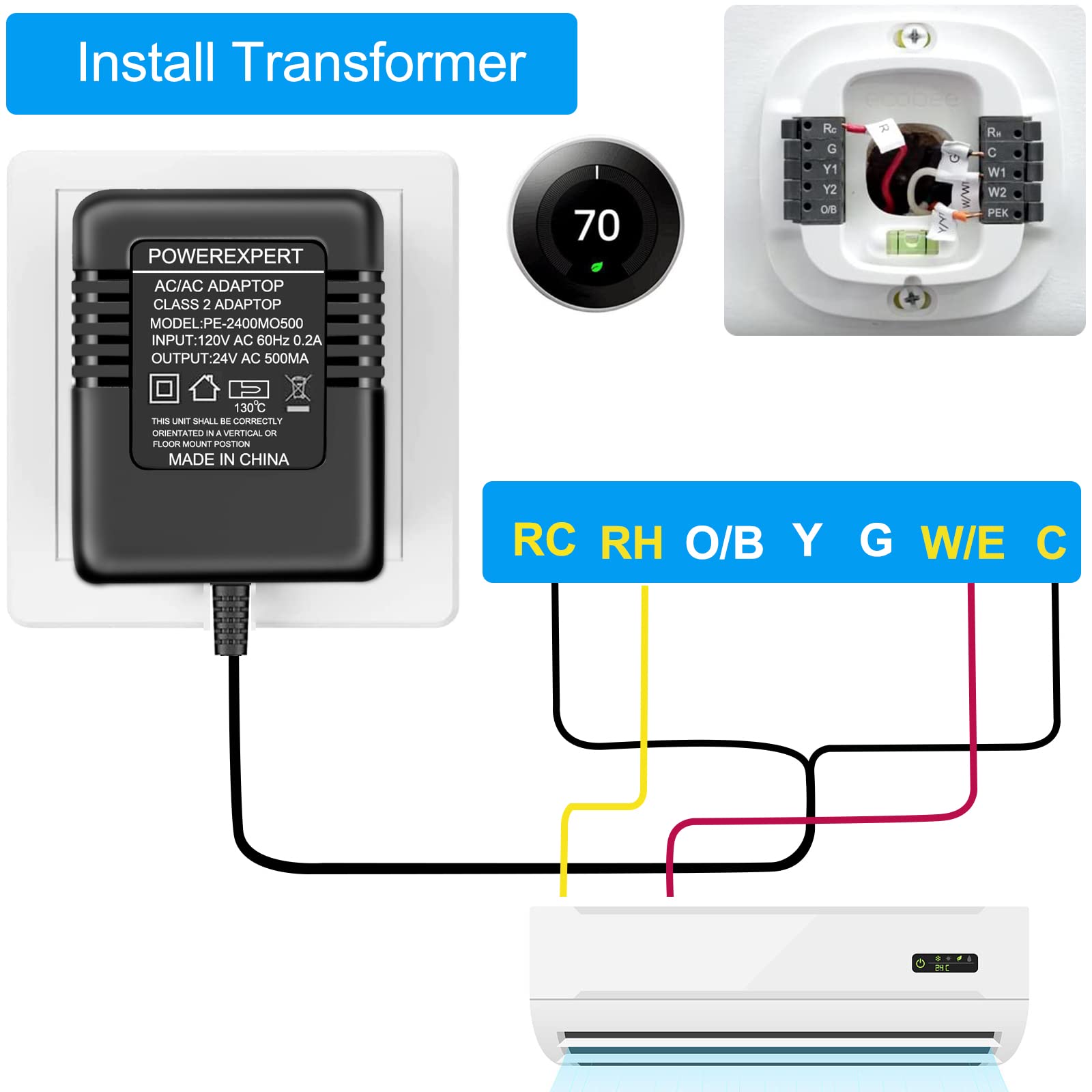 ATUOE 24V Transformer for Ring Doorbell & Thermostat, Compatible with Wyze, Nest, Black, Model 4981236