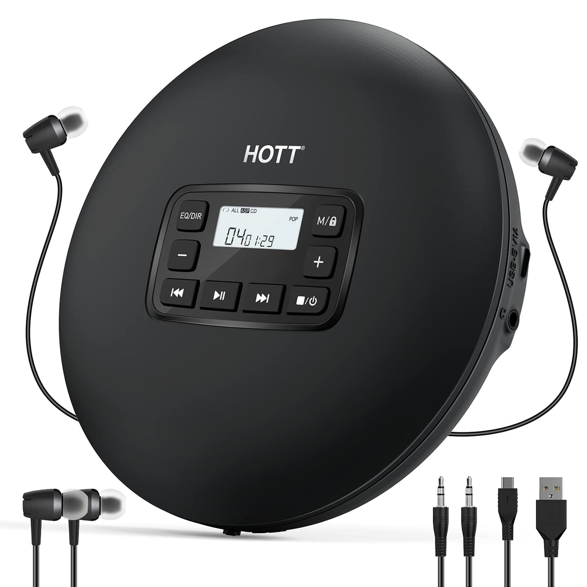 Hott Cd204 Portable Cd Player, Personal Compact Cd Player With Headphones, Anti Skip/Shockproof For Home Travel And Car, Small Music Cd Walkman With Lcd Display For Adults Students Kids Black