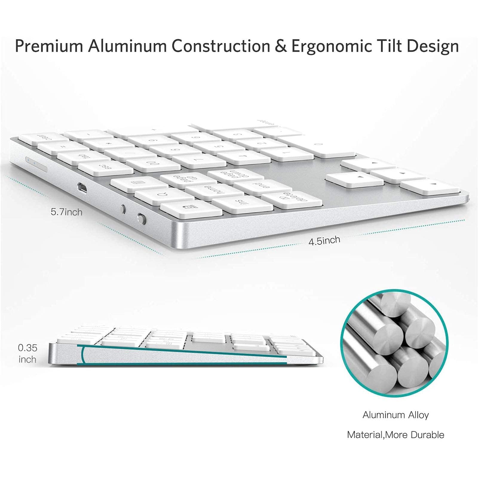 Horime Bluetooth Number Pad, Rechargeable Wireless Numeric Keypad Slim 34 Keys Aluminum Number Keypad External Data Entry Compat