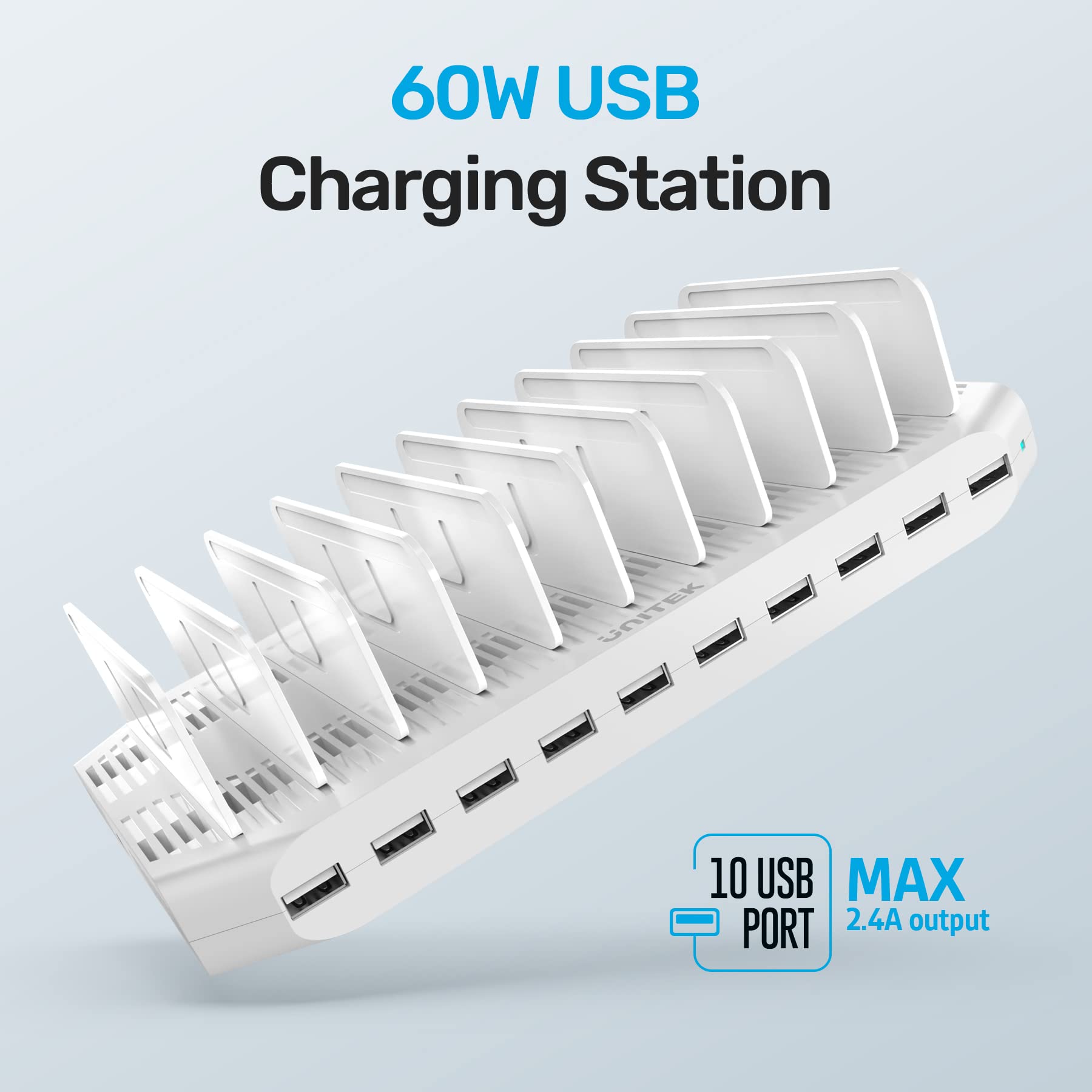 Unitek Multi Charging Station, 10 Port Usb Charger For Multiple Device With Smartic Tech And Adjustable Dividers, Organizer Stan
