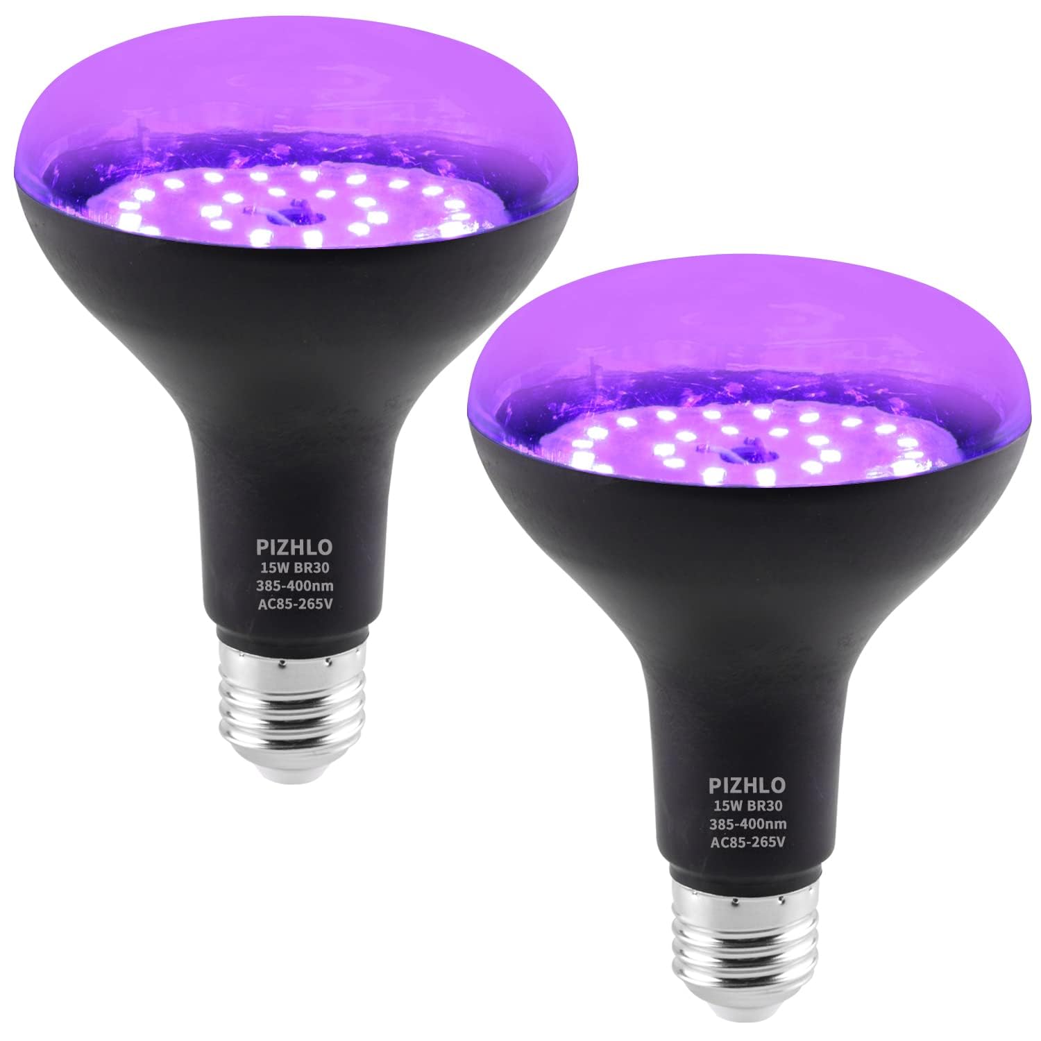 Pizhlo 2 Pack 15W Led Black Light Bulbs, Br30 E26 Black Shell Blacklight Led Bulb, 385 400Nm, Glow In The Dark For Blacklight Pa