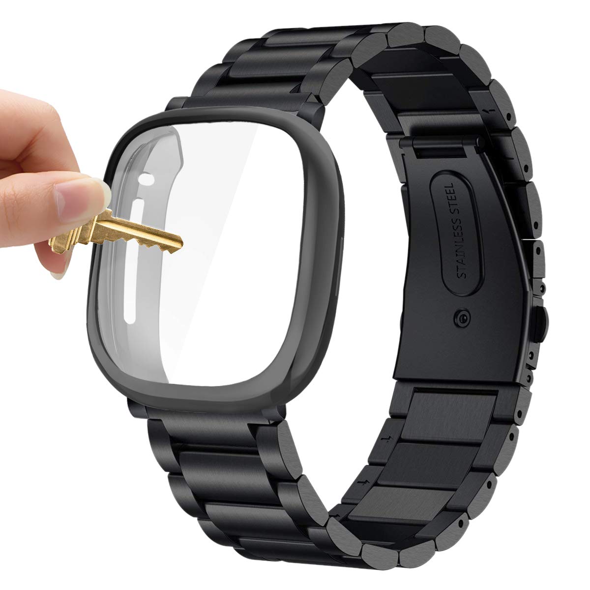 Maxjoy Compatible With Fitbit Sense/Versa 3 Bands, Versa3 Metal Band Large Stainless Steel Bracelet Wristband With Protective Ca