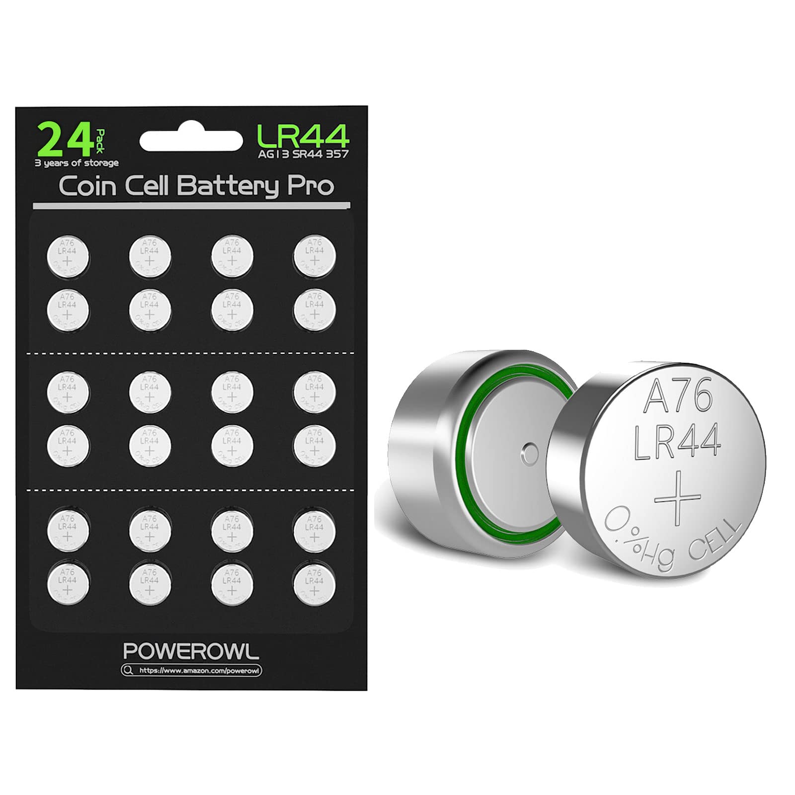 Powerowl Lr44 Batteries 24 Count, High Capacity Ag13 357 303 Sr44 L1154F A76 Premium Alkaline Battery 1.5V Button Coin Cell Batt
