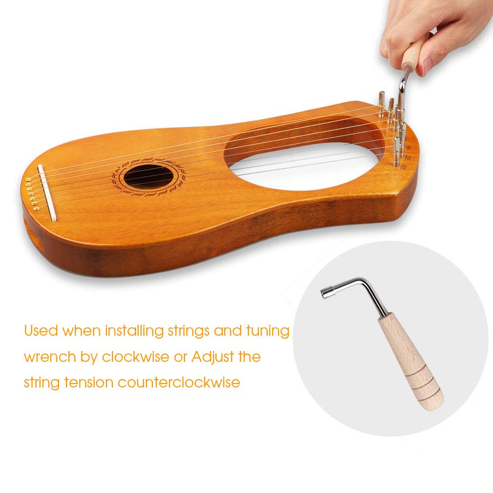 Mr.Power Lyre Harp Ancient Greece Style 7 Metal Strings Lyre With Tuning Wrench Extra String Set And Gig Bag (7 String, Natural Wood)