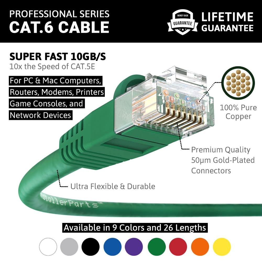 Installerparts Cat6 Cable Utp Booted [Green]   [5 Ft]   [5 Pack]   Professional Series   10Gbps, Cat6 Patch Cable, Cat 6 Patch C