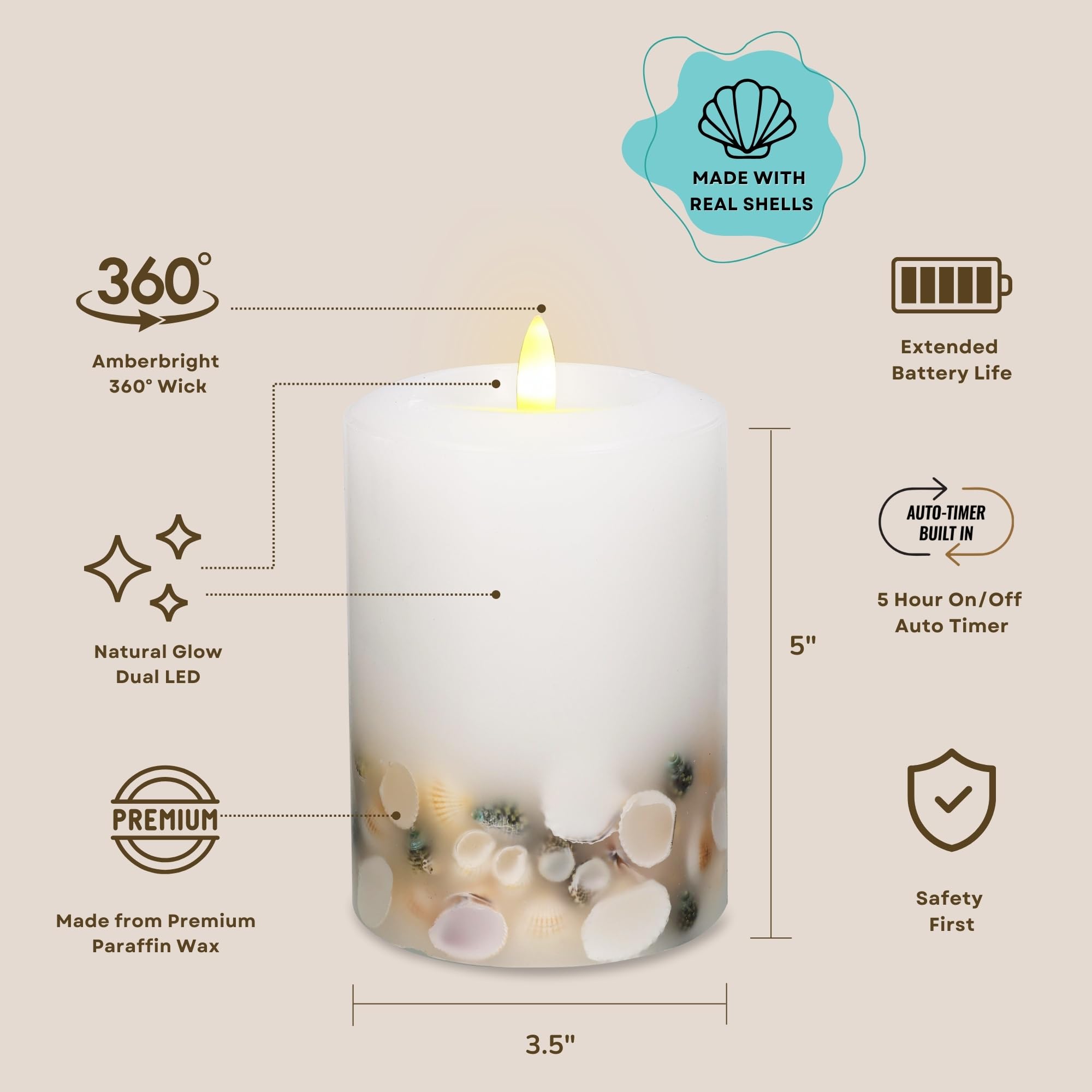 Lumipur Signature Coastal Collection Natural Glow Flickering Flameless Led Wax Pillar Candle With Seashell Embed (White, 3.5'' X