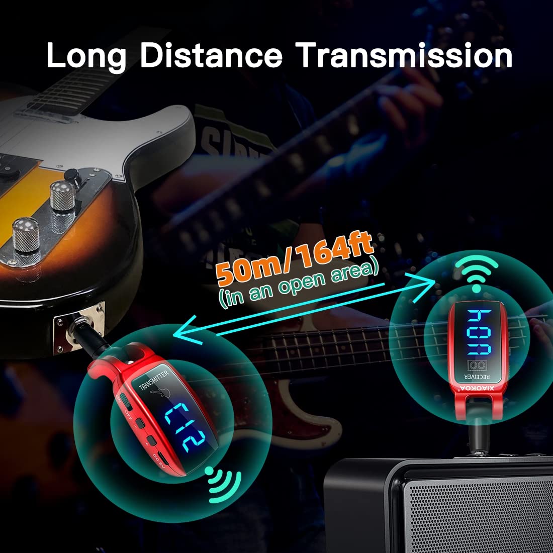 Wireless Guitar System,Xiaokoa Uhf Wireless Guitar Transmitter Receiver 164Feet Range With Hd Led Screen For Electric Guitar Bas