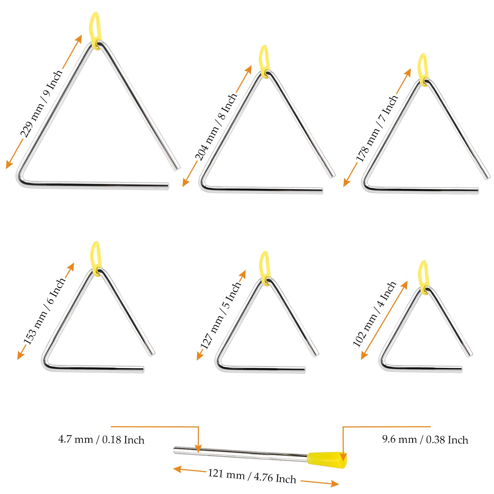 Mukchap 6 Pack Musical Triangle Instrument Set, 4, 5, 6, 7, 8, 9 Inch Musical Triangle With Striker, Musical Steel Triangle Perc