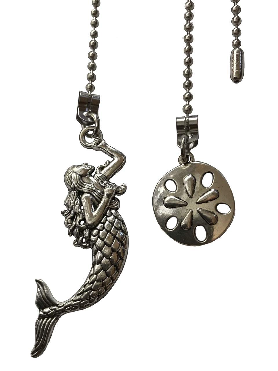 Large Mermaid & Sand Dollar Fan Light Pull Chain Ornament Extender Set Silver Tone